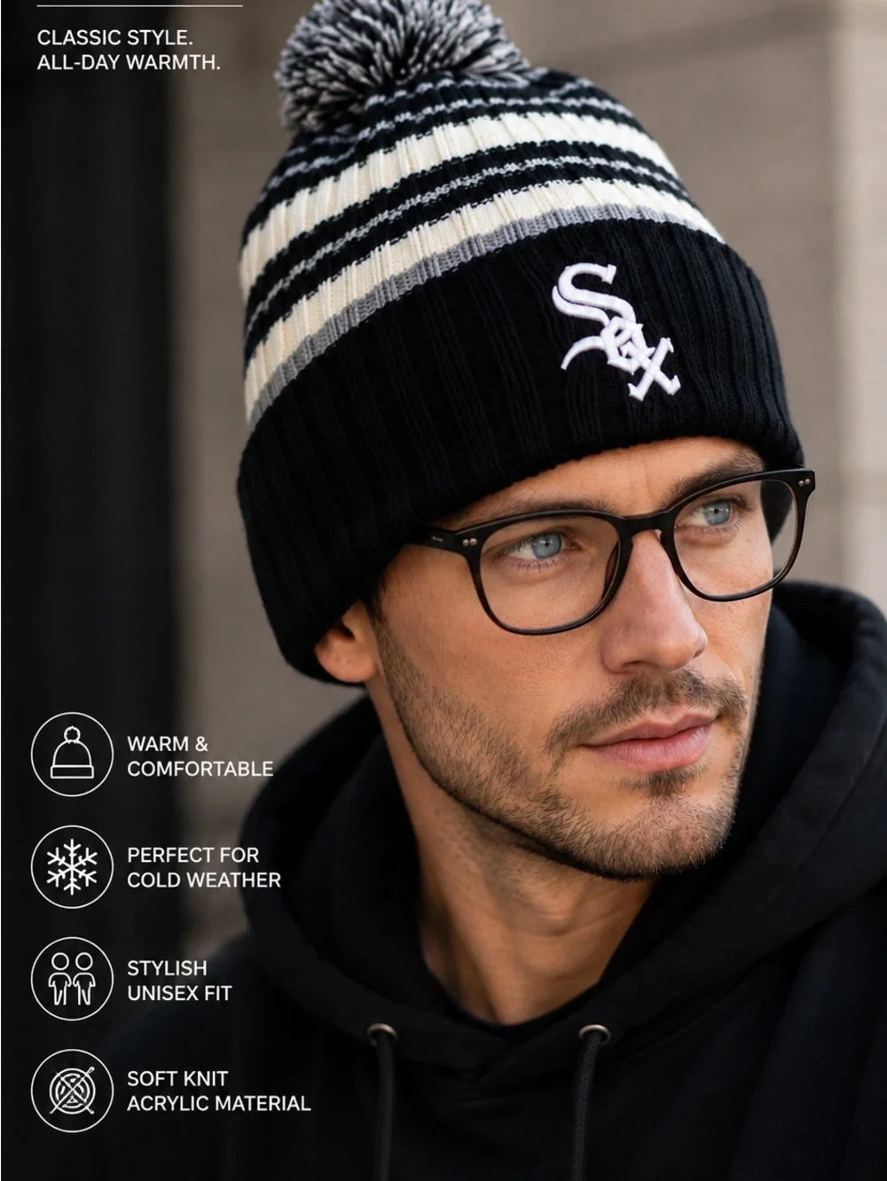 Chicago White Sox Men’s Stripe Pom Cuffed Beanie Black Cream Gray NWT